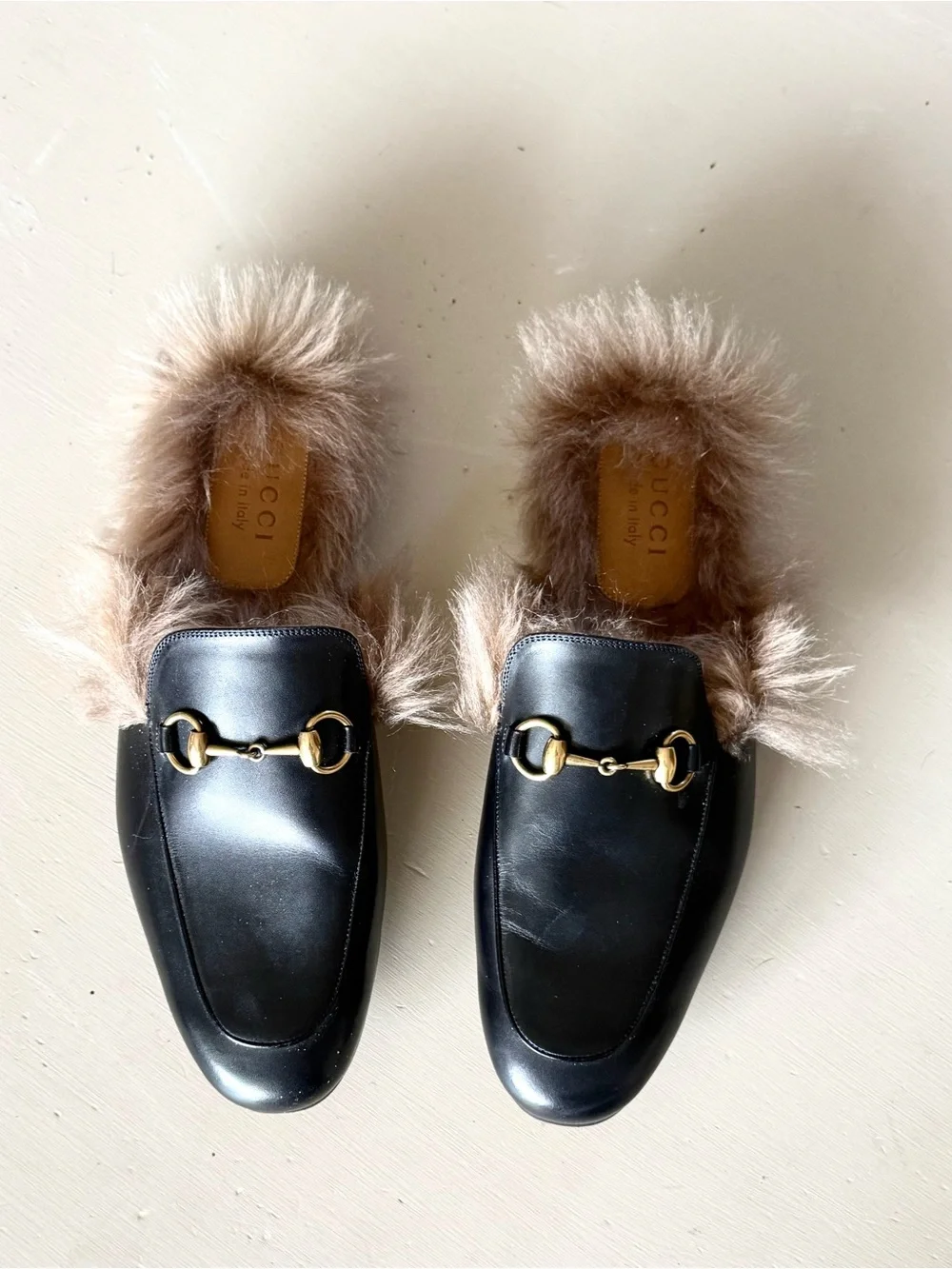 Authentic Gucci Leather Fur-Lined Princeton Mule Horsebit Slip-On Loafers